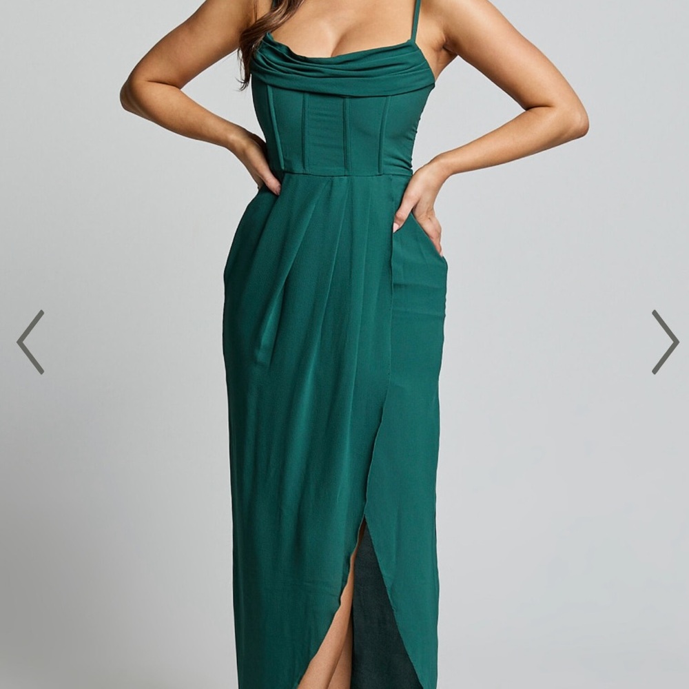 Showpo. ANDRINA MIDAXI DRESS - HIGH LOW WRAP CORSET DRESS IN FOREST GREEN